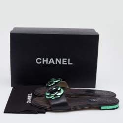 Chanel Black/Green Leather Camellia Accent Slides Size 39.5