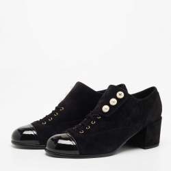 Chanel Black Suede and Patent Leather Pearl Detail Block Heel Oxford Ankle Booties Size 39