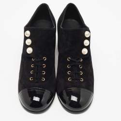 Chanel Black Suede and Patent Leather Pearl Detail Block Heel Oxford Ankle Booties Size 39