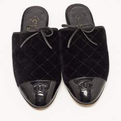 Pre Owned Chanel Black Quilted Velvet and Patent Cap Toe CC Bow Flat Mules Size 39