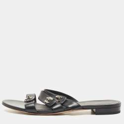 Chanel Black Leather CC Turnlock Triple Strap Flat Slides Size 39.5