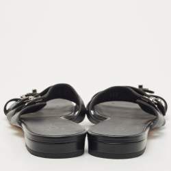 Chanel Black Leather CC Turnlock Triple Strap Flat Slides Size 39.5