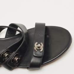 Chanel Black Leather CC Turnlock Triple Strap Flat Slides Size 39.5