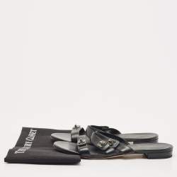 Chanel Black Leather CC Turnlock Triple Strap Flat Slides Size 39.5