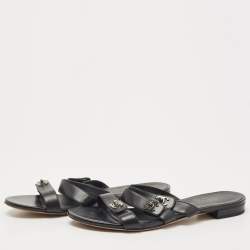 Chanel Black Leather CC Turnlock Triple Strap Flat Slides Size 39.5