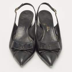 Pre Owned Chanel Black Leather Bow CC Slingback Pumps Size 36.5