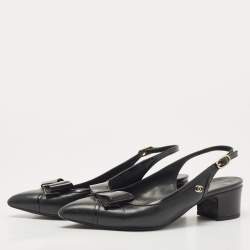 Pre Owned Chanel Black Leather Bow CC Slingback Pumps Size 36.5