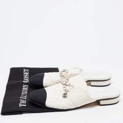 Pre Owned Chanel White/Black Quilted Leather CC Chain Cap Toe Mules Size 40 
