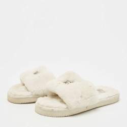 Pre Owned Chanel White Mink Fur CC Flat Slides Size 39