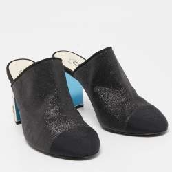 Chanel Black Glitter and CC Fabric Cap Toe Mules Size 39.5