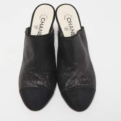 Chanel Black Glitter and CC Fabric Cap Toe Mules Size 39.5