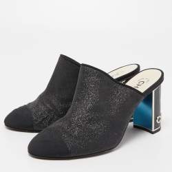 Chanel Black Glitter and CC Fabric Cap Toe Mules Size 39.5