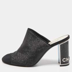 Chanel Black Glitter and CC Fabric Cap Toe Mules Size 39.5