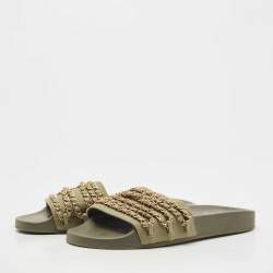 Chanel Green Canvas Tropiconic Chain Slides Flats Size 40