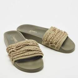 Chanel Green Canvas Tropiconic Chain Slides Flats Size 40