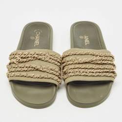 Chanel Green Canvas Tropiconic Chain Slides Flats Size 40