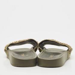 Chanel Green Canvas Tropiconic Chain Slides Flats Size 40