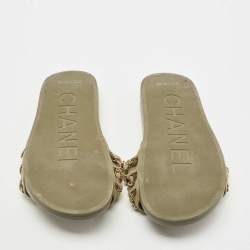 Chanel Green Canvas Tropiconic Chain Slides Flats Size 40