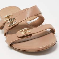 Chanel Beige Leather CC Turnlock Triple Strap Flat Slides Size 39.5