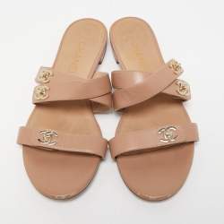 Chanel Beige Leather CC Turnlock Triple Strap Flat Slides Size 39.5