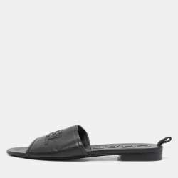 Pre Owned Chanel Black Leather Logo Flat Slides Size 38.5