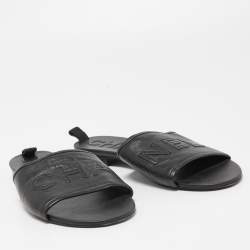 Pre Owned Chanel Black Leather Logo Flat Slides Size 38.5