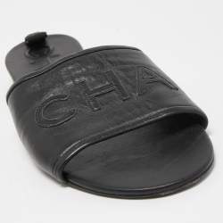 Pre Owned Chanel Black Leather Logo Flat Slides Size 38.5