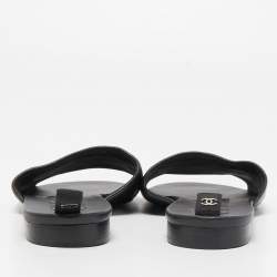 Pre Owned Chanel Black Leather Logo Flat Slides Size 38.5