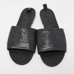 Pre Owned Chanel Black Leather Logo Flat Slides Size 38.5
