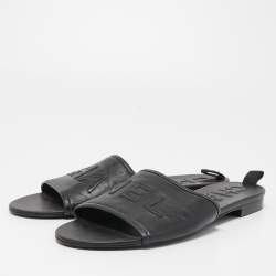 Pre Owned Chanel Black Leather Logo Flat Slides Size 38.5