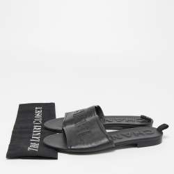 Pre Owned Chanel Black Leather Logo Flat Slides Size 38.5
