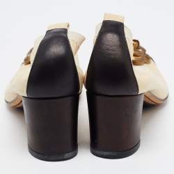 Chanel Beige/Black Textured Leather Camelia Embellished Scrunch Pumps Size 35