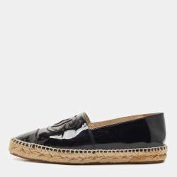 Chanel Black Patent Leather CC Espadrille Flats Size 38