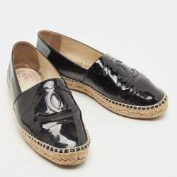 Chanel Black Patent Leather CC Espadrille Flats Size 38