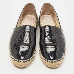 Chanel Black Patent Leather CC Espadrille Flats Size 38