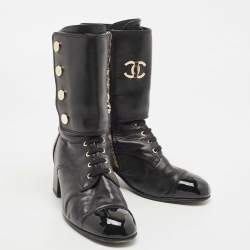 Chanel Black Leather Cape Toe CC Ankle Length Boots Size 41