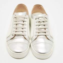 Pre Owned Chanel Silver/White Leather and Rubber CC Low Top Sneakers Size 39