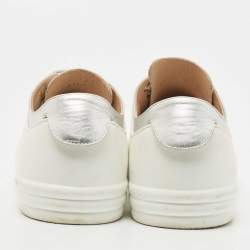 Pre Owned Chanel Silver/White Leather and Rubber CC Low Top Sneakers Size 39
