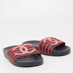 Pre Owned Chanel Tricolor Rubber CC Slides Size 39
