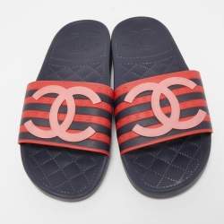 Pre Owned Chanel Tricolor Rubber CC Slides Size 39
