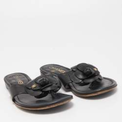 Chanel Black Leather CC Camellia Flat Thong Sandals Size 35.5