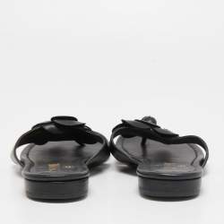 Chanel Black Leather CC Camellia Flat Thong Sandals Size 35.5