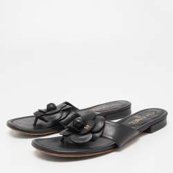 Chanel Black Leather CC Camellia Flat Thong Sandals Size 35.5
