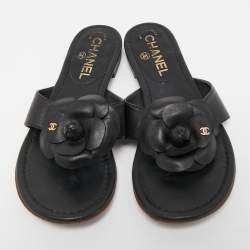 Chanel Black Leather CC Camellia Flat Thong Sandals Size 35.5