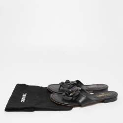 Chanel Black Leather CC Camellia Flat Thong Sandals Size 35.5