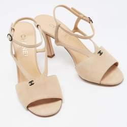 Chanel Beige Suede CC Ankle Strap Sandals Size 38