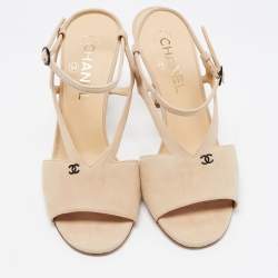 Chanel Beige Suede CC Ankle Strap Sandals Size 38