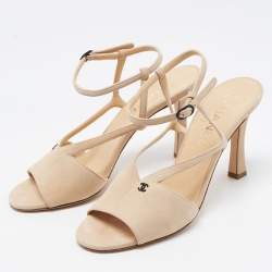 Chanel Beige Suede CC Ankle Strap Sandals Size 38