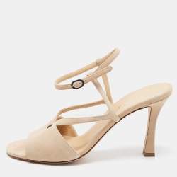 Chanel Beige Suede CC Ankle Strap Sandals Size 38