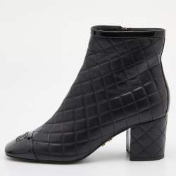 Chanel Black Quilted Leather and Patent Cap Toe CC Ankle Booties Size 39